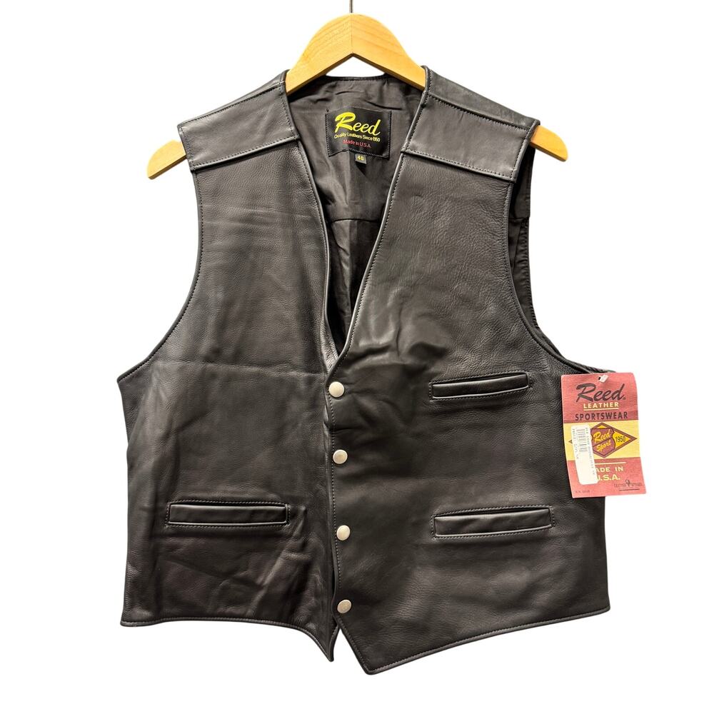 Reed‎ Leather Vest Mens Large 46 L Black Snap Up Motorcycle Union USA NOS NEW